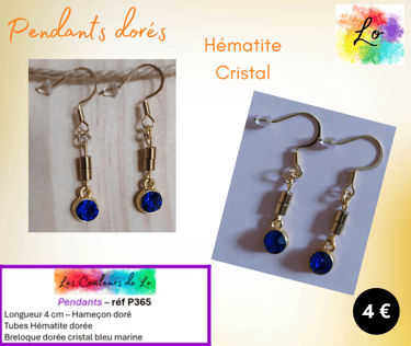 Boucles pendants dorés Hématite cristal bleu marine Les Couleurs de Lo
