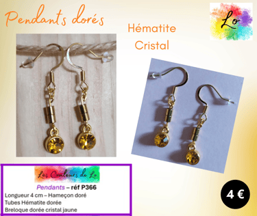 Boucles pendants dorés Hématite cristal bleu jaune Les Couleurs de Lo
