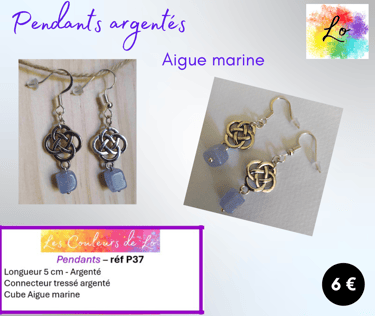 Boucles pendants argentés nœud celtique métal Aigue marine Les Couleurs de Lo