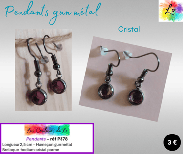 Boucles pendants gun métal cristal parme Les Couleurs de Lo
