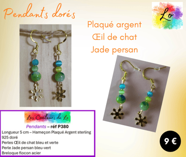 Boucles pendants Plaqué argent doré Œil de chat Jade persan flocon doré Les Couleurs de Lo