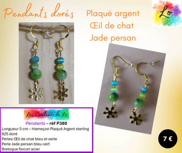 Boucles pendants Plaqué argent doré Œil de chat Jade persan flocon doré Les Couleurs de Lo