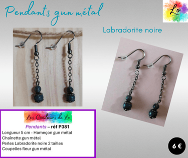 Boucles pendants gun métal Labradorite noire Les Couleurs de Lo