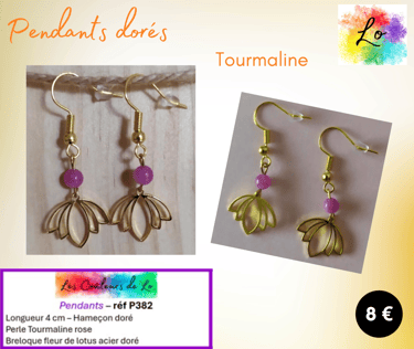 Boucles pendants dorés Tourmaline fleur de lotus dorée Les Couleurs de Lo