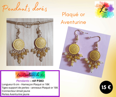Boucles pendants Plaqué or connecteur émail jaune Aventurine Les Couleurs de Lo