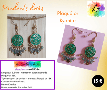 Boucles pendants Plaqué or connecteur émail vert Kyanite Les Couleurs de Lo