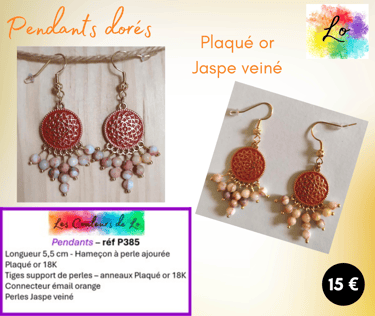 Boucles pendants Plaqué or connecteur émail orange Jaspe veiné Les Couleurs de Lo