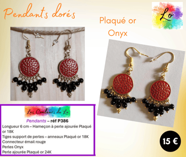 Boucles pendants Plaqué or connecteur émail rouge Onyx Les Couleurs de Lo