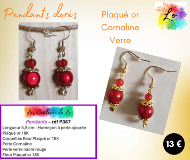 Boucles pendants Plaqué or Cornaline verre nacré rouge fleur Plaqué or Les Couleurs de Lo