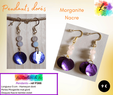 Boucles pendants dorés Morganite Nacre violet Les Couleurs de Lo