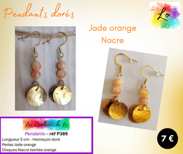 Boucles pendants dorés Jade orange Nacre orange Les Couleurs de Lo