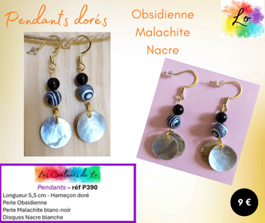 Boucles pendants dorés Obsidienne Malachite blanc-noir Nacre Les Couleurs de Lo
