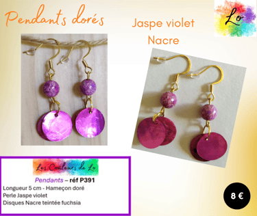 Boucles pendants dorés Jaspe violet Nacre fuchsia Les Couleurs de Lo