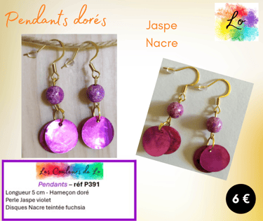 Boucles pendants dorés Jaspe violet Nacre fuchsia Les Couleurs de Lo