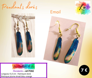 Boucles pendants dorés plume émail bleu-orange Les Couleurs de Lo