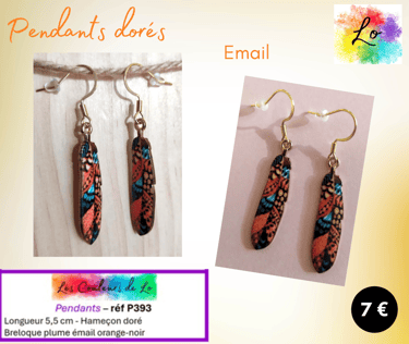 Boucles pendants dorés plume émail orange-noir Les Couleurs de Lo