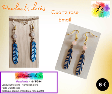 Boucles pendants dorés Quartz rose plume émail bleu-rose pastel Les Couleurs de Lo