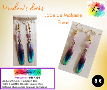 Boucles pendants dorés Jade de Malaisie rose plume émail couleurs dégradées Les Couleurs de Lo