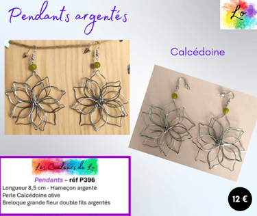 Boucles pendants argentés Calcédoine grande fleur double fils Les Couleurs de Lo