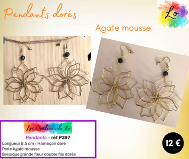 Boucles pendants dorés Agate mousse grande fleur double fils Les Couleurs de Lo
