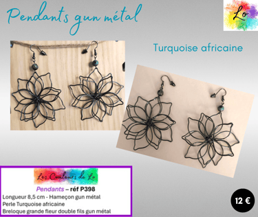 Boucles pendants gun métal Turquoise africaine grande fleur double fils Les Couleurs de Lo