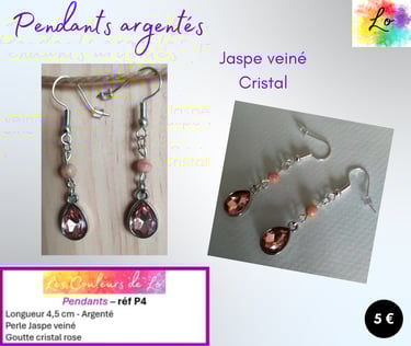 Boucles pendants argentés Jaspe veiné cristal rose Les Couleurs de Lo