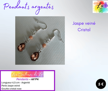 Boucles pendants argentés Jaspe veiné cristal rose Les Couleurs de Lo