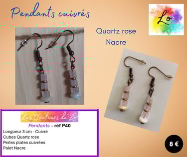 Boucles pendants cuivrés Quartz rose Nacre Les Couleurs de Lo