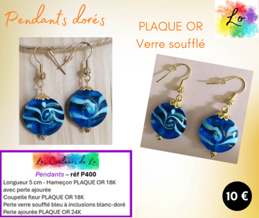 Boucles pendants Plaqué or verre soufflé bleu Les Couleurs de Lo