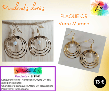 Boucles pendants Plaqué or chandelier 3 anneaux verre Murano blanc Les Couleurs de Lo