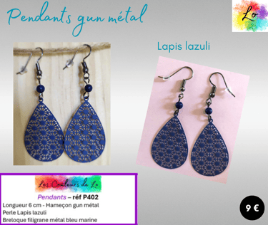 Boucles pendants gun métal Lapis lazuli filigrane métal bleu Les Couleurs de Lo