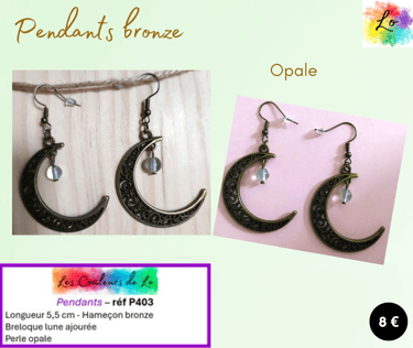 Boucles pendants bronze lune ajourée Opale Les Couleurs de Lo