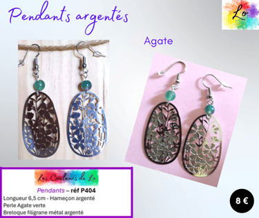 Boucles pendants argentés Agate verte filigrane fleurs Les Couleurs de Lo