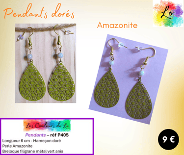 Boucles pendants dorés Amazonite filigrane métal vert Les Couleurs de Lo
