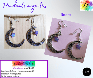 Boucles pendants argentés étoile Nacre violette Les Couleurs de Lo