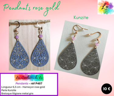 Boucles pendants rose gold Kunzite filigrane métal gris Les Couleurs de Lo