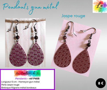 Boucles pendants gun métal Jaspe rouge filigrane métal bordeaux Les Couleurs de Lo