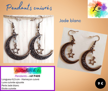 Boucles pendants cuivrés lune étoile cuivrées Jade blanc Les Couleurs de Lo