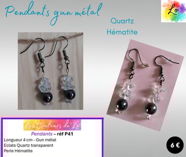 Boucles pendants gun métal Quartz blanc Hématite Les Couleurs de Lo