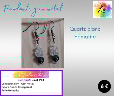 Boucles pendants gun métal Quartz blanc Hématite Les Couleurs de Lo