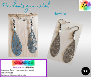 Boucles pendants gun métal Howlite filigrane métal gris Les Couleurs de Lo