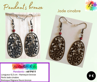 Boucles pendants bronze Jade cinabre filigrane fleurs bronze Les Couleurs de Lo