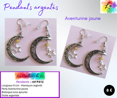 Boucles pendants argentés lune étoiles argentées Aventurine jaune Les Couleurs de Lo
