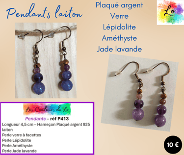 Boucles pendants Plaqué argent laiton Verre Lépidolite Améthyste Jade Les Couleurs de Lo