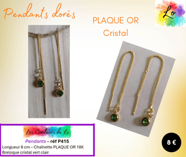 Boucles pendants chaînette Plaqué or strass cristal vert clair Les Couleurs de Lo