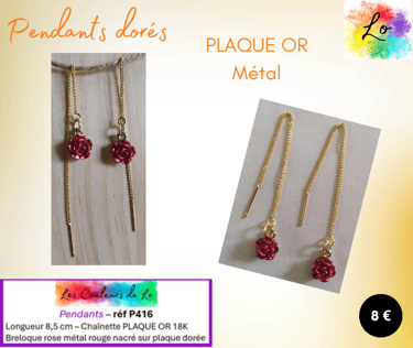 Boucles pendants Plaqué or chaînette rose métal rouge nacré Les Couleurs de Lo