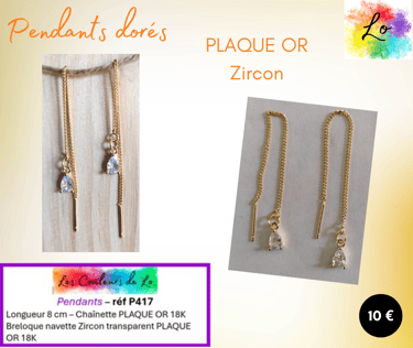 Boucles pendants chaînette Plaqué or Zircon transparent Les Couleurs de Lo