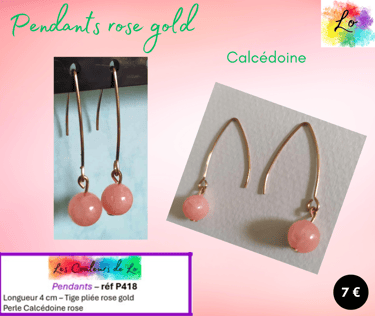 Boucles pendants rose gold tige rigide Calcédoine rose Les Couleurs de Lo