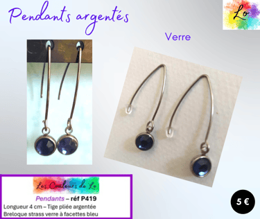 Boucles pendants argentés tige rigide strass verre bleu Les Couleurs de Lo