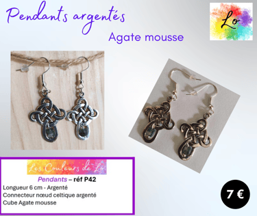 Boucles pendants argentés nœud celtique métal Agate mousse Les Couleurs de Lo